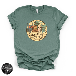 Cryptid café graphic tee Bella Canvas shirt green blue