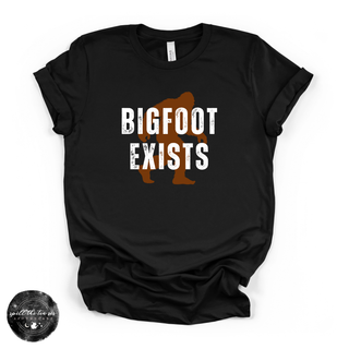 Bigfoot Exists Tee | Funny Cryptid Graphic T-Shirt (WHITE DESIGN)
