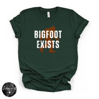 Bigfoot Exists Tee | Funny Cryptid Graphic T-Shirt (WHITE DESIGN)