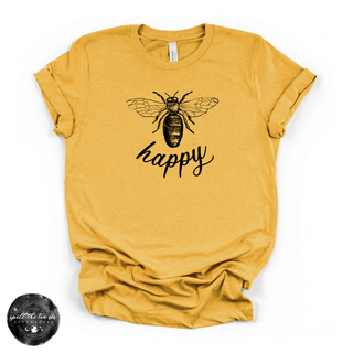 Bee happy graphic tee with bee illustration gold