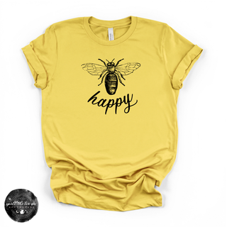 Bee happy graphic tee with bee illustration yellow
