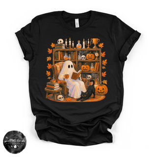 Cozy Ghost Reading Tee | Cute Book Lover Halloween Graphic T-Shirt