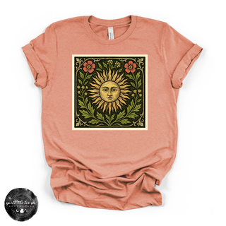 Sun mural celestial graphic tee Bella Canvas shirt salmon heather sunset