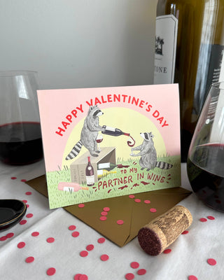 Raccoon Partner in Wine Valentine Card