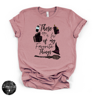 Witchy favorite things graphic tee with crystals and candles orchid