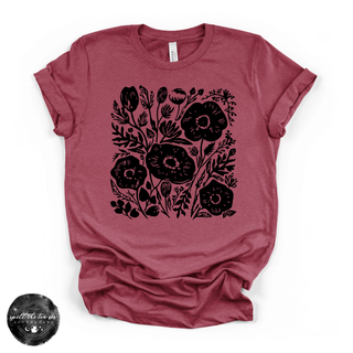 Black flowers dark floral graphic tee Bella Canvas shirt raspberry