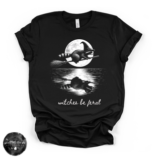 Witches Be Feral Raccoon Tee | Funny Witchy Halloween Graphic T-Shirt