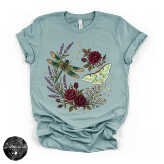 Dragonfly & Moth Rose Tee | Botanical Nature Graphic T-Shirt