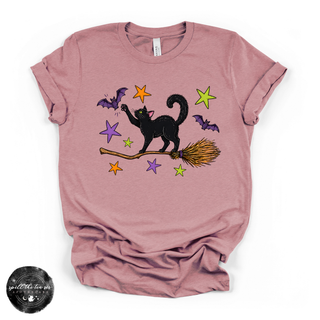 Black Cat on a Broom Tee | Witchy Halloween Cat Graphic T-Shirt