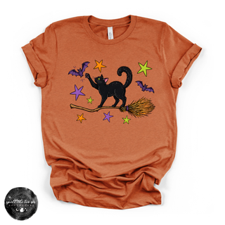 Black Cat on a Broom Tee | Witchy Halloween Cat Graphic T-Shirt
