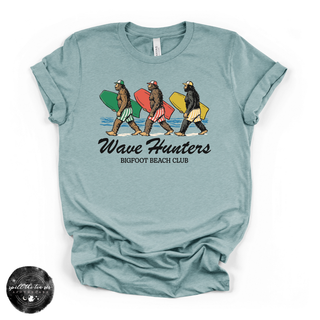 Wave Hunters: Bigfoot Beach Club Tee | Funny Surfing Sasquatch Graphic T-Shirt