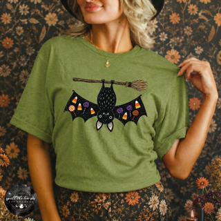 Bat on a Broom Tee | Cute Witchy Halloween Bat Graphic T-Shirt