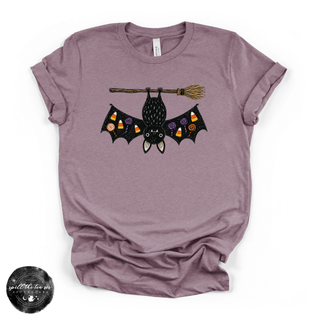 Bat on a Broom Tee | Cute Witchy Halloween Bat Graphic T-Shirt