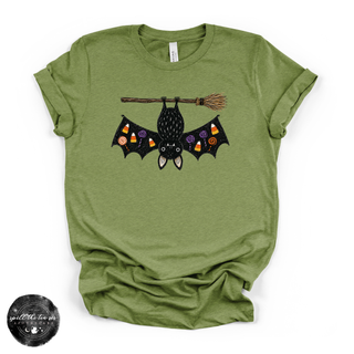 Bat on a Broom Tee | Cute Witchy Halloween Bat Graphic T-Shirt