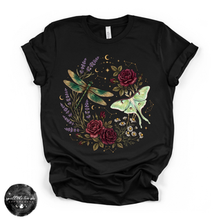 Dragonfly & Moth Rose Tee | Botanical Nature Graphic T-Shirt
