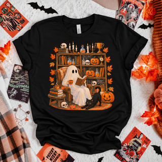 Cozy Ghost Reading Tee | Cute Book Lover Halloween Graphic T-Shirt