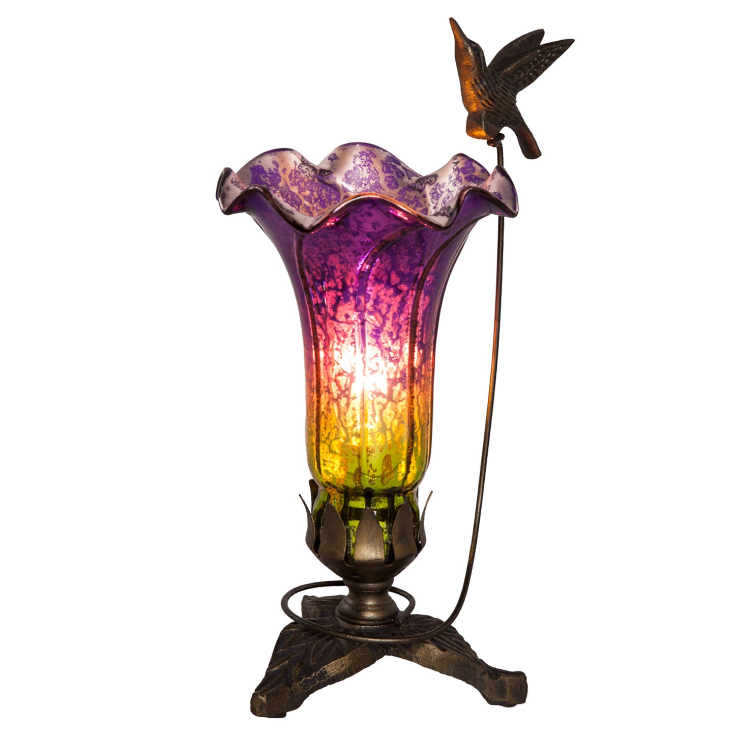 10.25"H Hand Blown Mercury Glass Hummingbird Lily Lamp