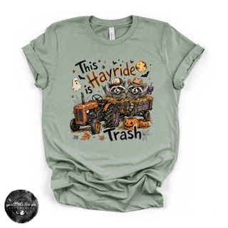 This Hayride Is Trash Tee | Funny Raccoon Fall Graphic T-Shirt