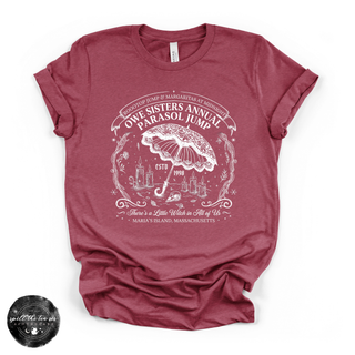 Owe Sisters Annual Parasol Jump Tee | Vintage Witch Halloween Graphic T-Shirt {WHITE DESIGN}