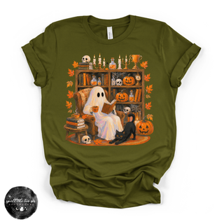 Cozy Ghost Reading Tee | Cute Book Lover Halloween Graphic T-Shirt