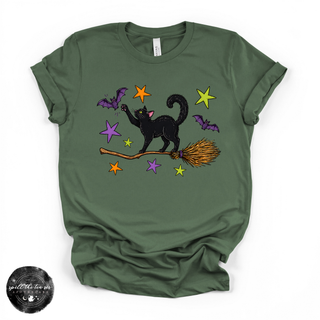 Black Cat on a Broom Tee | Witchy Halloween Cat Graphic T-Shirt