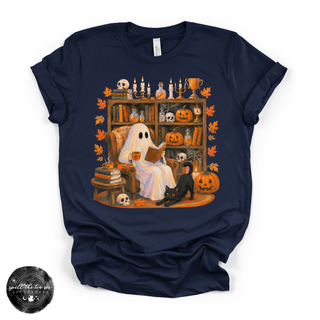 Cozy Ghost Reading Tee | Cute Book Lover Halloween Graphic T-Shirt