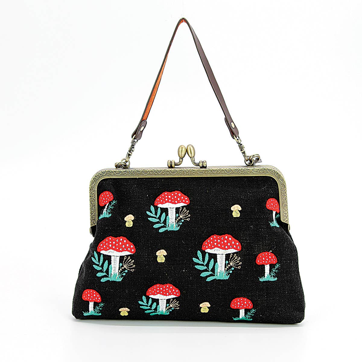 Black Embroidered Mushroom Bag in Cotton