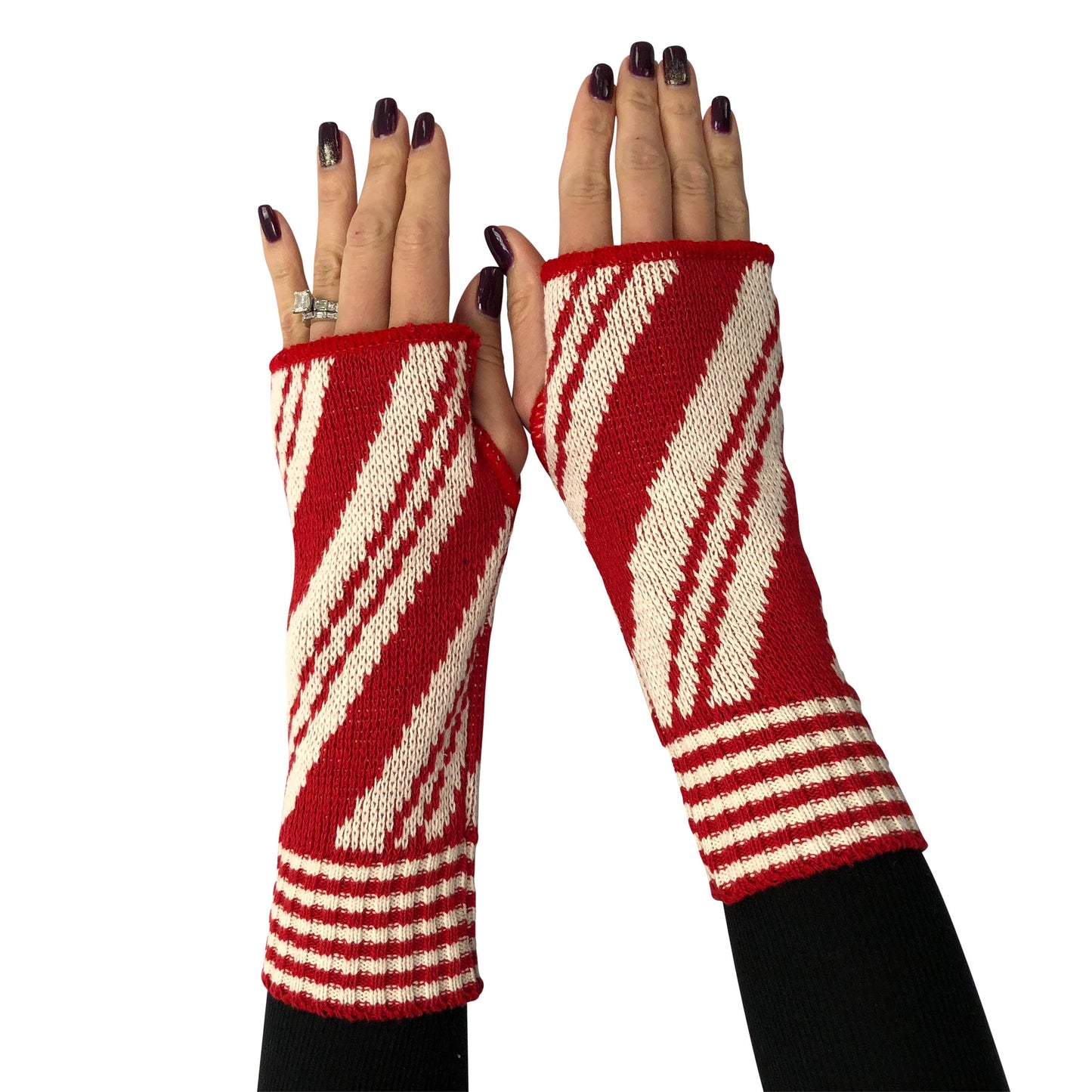 Recycled Hand Warmer Fingerless Gloves Peppermint Candy Cane