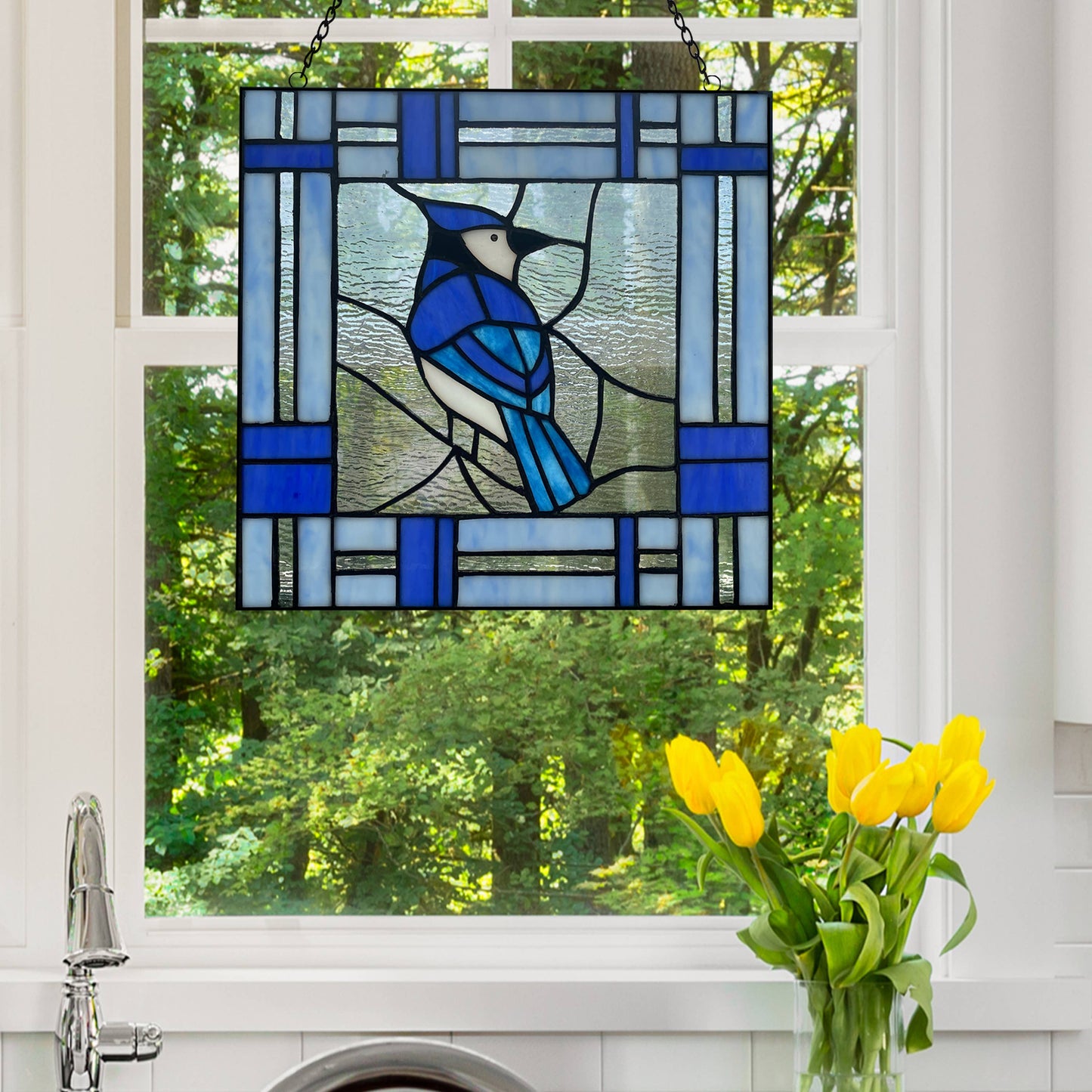 Blue Jay Stained Glass Window Panel