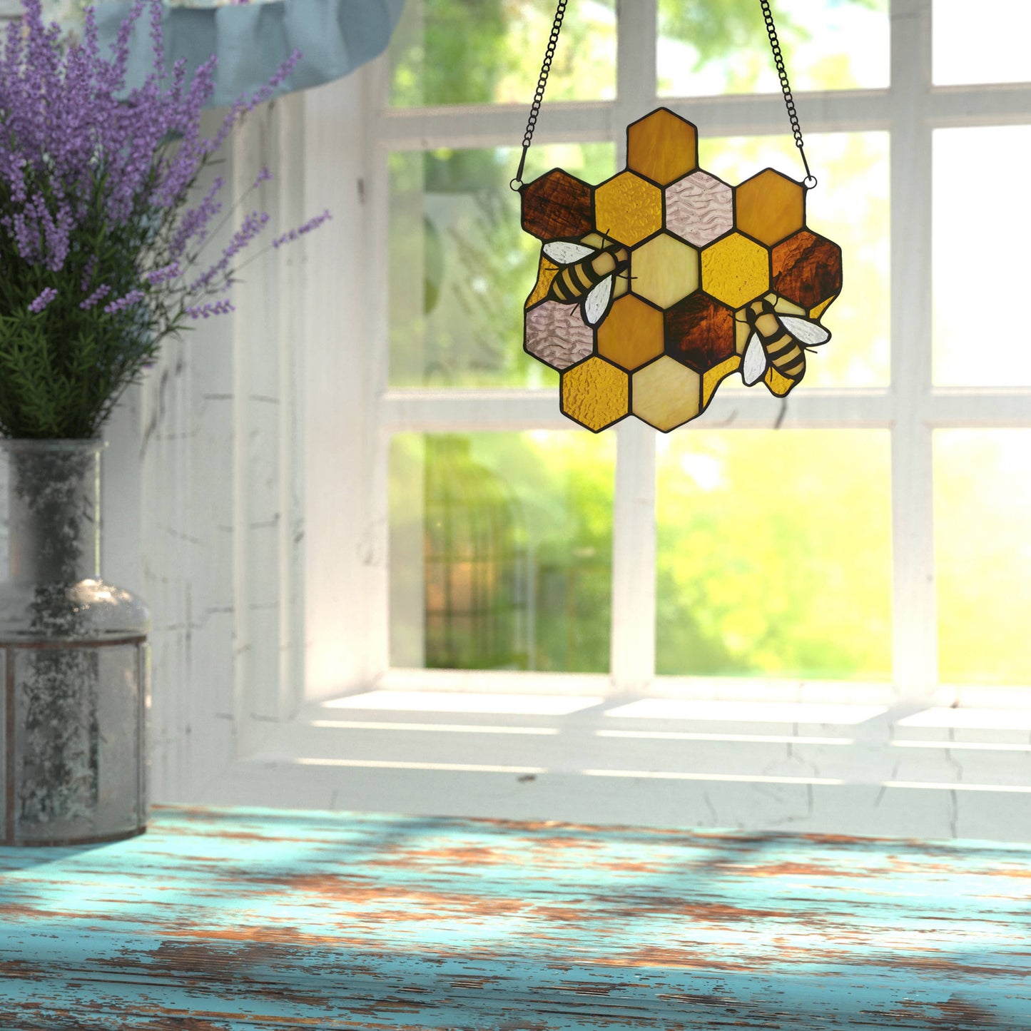 8.25"H Cassie Honeycomb Bees Stained Glass Window Panel