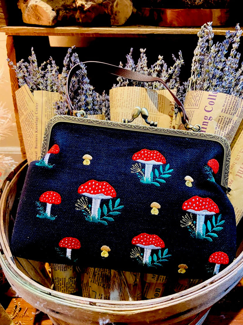 Black Embroidered Mushroom Bag in Cotton